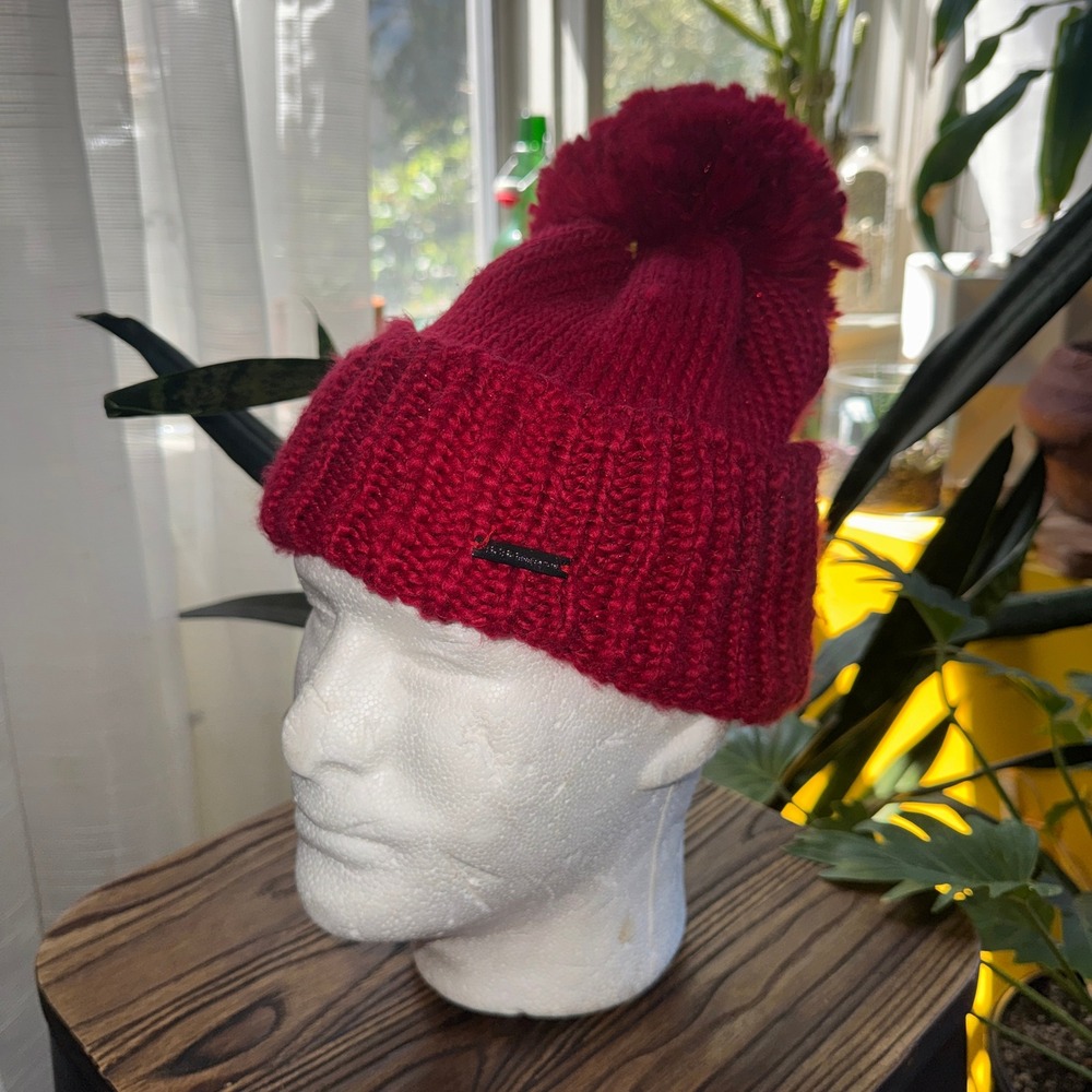 BCBGeneration Red Chunky Knit Beanie Hat with Oversized Pom Pom & Metallic Trim
